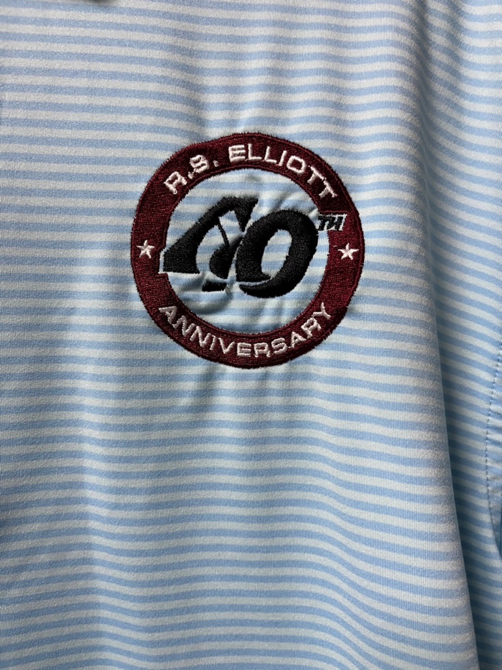 Peter Millar Sky Blue White Pinstripe Polo with Anniversary Patch. Large - Picture 6 of 7